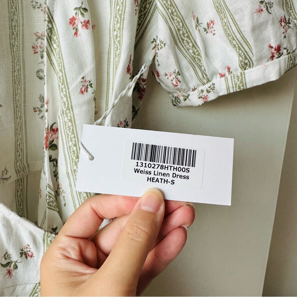 Reformation Cream Floral Stripe Wrap Midi Dress with Pink Blossoms - Picture 4 of 8